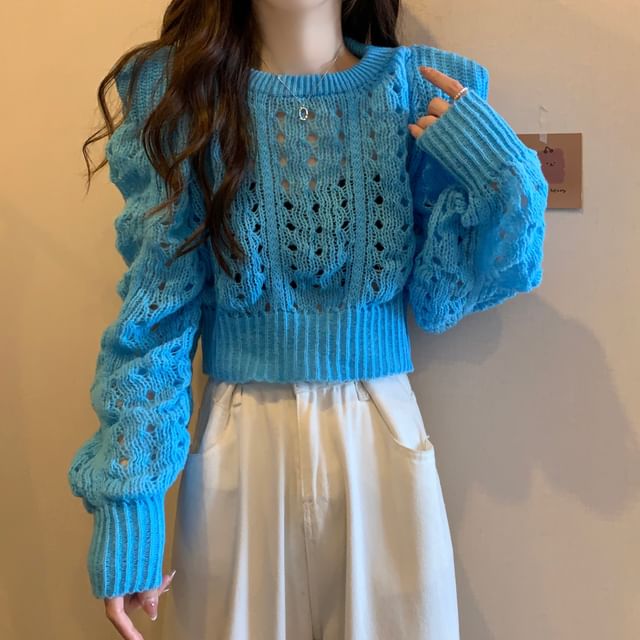 Ukiyo-Crewneck Perforated Plain Crop Sweater