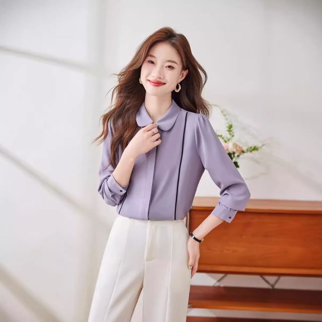 Princess Min-Puff-Sleeve Plain Button-Up Blouse