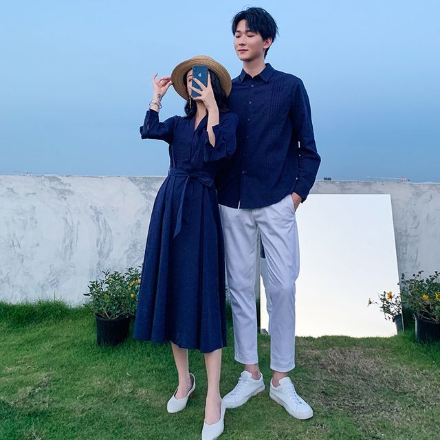 Couple Matching Puff-Sleeve Midi A-Line Dress / Shirt / Straight Leg Pants Couple Matching Puff-Sleeve Midi A-Line Dress / Shirt / Straight Leg Pants