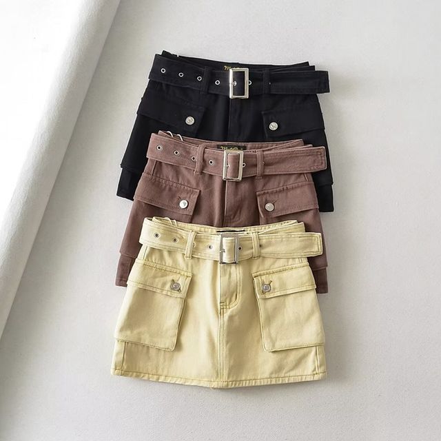 Ulark-High Waist Plain Belted Cargo Skort