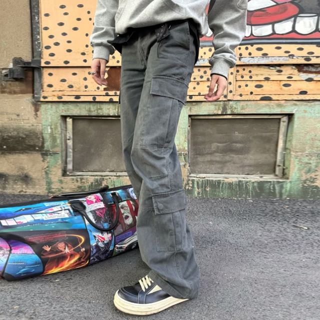DragonRoad-Low Rise Plain Flared Cargo Pants