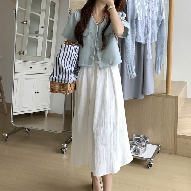 Yako Short-Sleeve Plain Button-Up Jacket Spaghetti Strap Midi