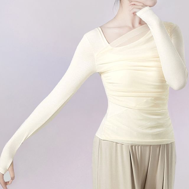 Cossita-Long-Sleeve Asymmetrical Neck Plain Mesh Panel Dance Top
