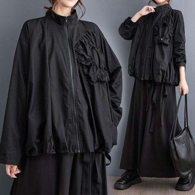 Lewwe-Stand Collar Plain Zip Jacket