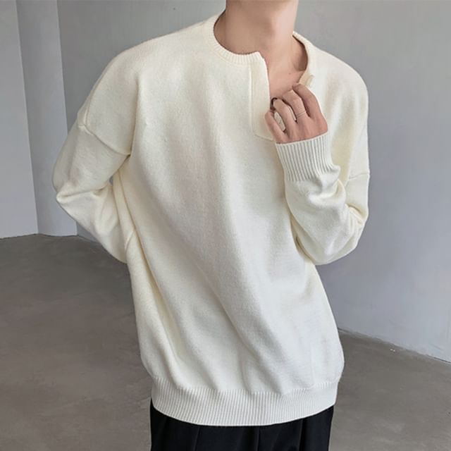 Freehop-Notch Neck Plain Sweater
