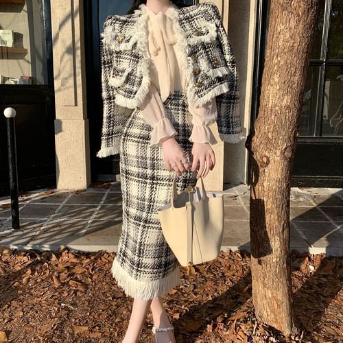 Frayed trim plaid tweed hot sale skirt