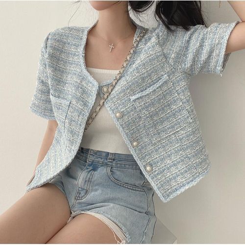 Cerauno - Short Sleeve Faux Pearl Button Tweed Blazer | YesStyle