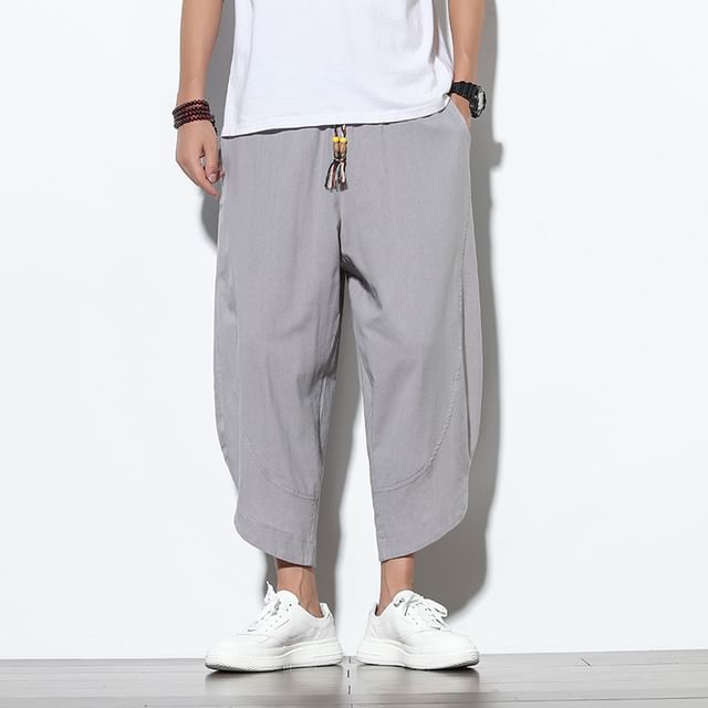 YIKES-Elastic Waist Plain Crop Harem Pants