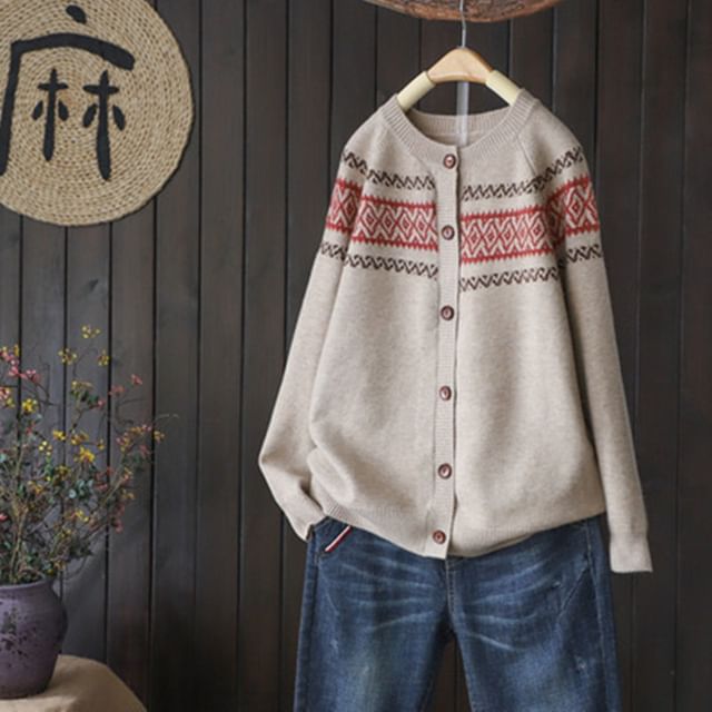 Lewwe-Crewneck Jacquard Button-Up Cardigan