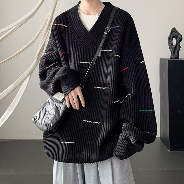DuckleBeam-V-Neck Striped Ribbed Knit Oversized Sweater