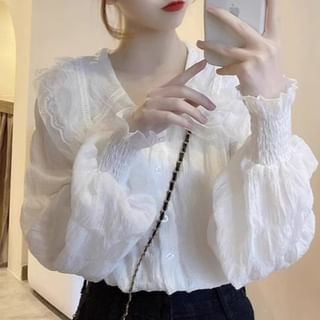 ISSOL-Long-Sleeve V-Neck Chiffon Blouse