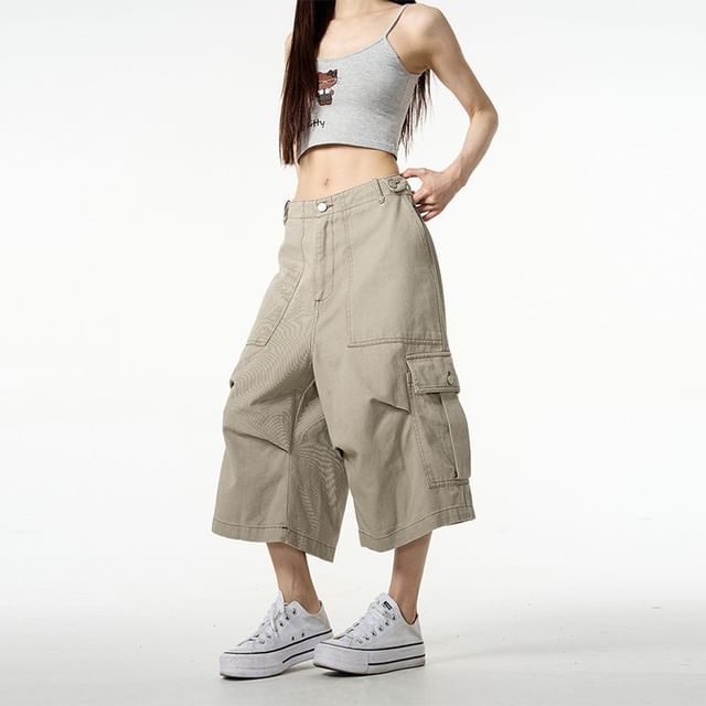 Jerolenea-Low Rise Plain Capri Wide Leg Cargo Pants