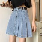 Laeron - Mini A-Line Pleated Denim Skirt