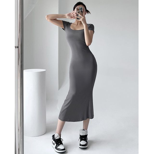 chinese dress ladies Knitted Dress Casual Waist Tight round Neck Large Pit High Collar Slim –  AmiEmi main image 0