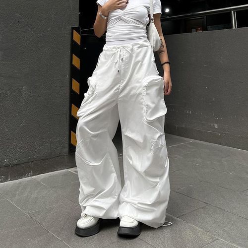 Salmone - Drawstring Waist Plain Wide Leg Cargo Parachute Pants