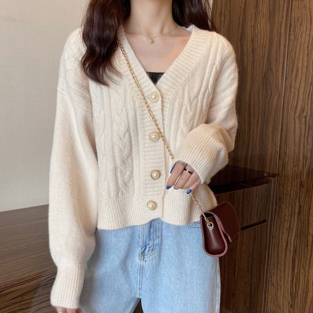 INEN-V-Neck Plain Cable Knitted Cropped Cardigan