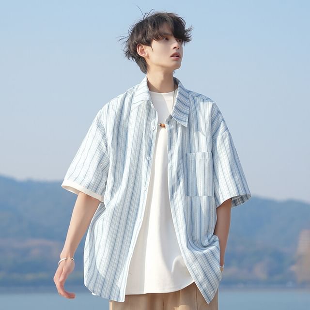FOEV-Short Sleeve Collared Striped Oversized Button Up Shirt