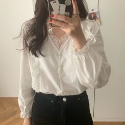 JOWI - Bell-Sleeve Lace Trim Blouse JOWI - Bell-Sleeve Lace Trim Blouse