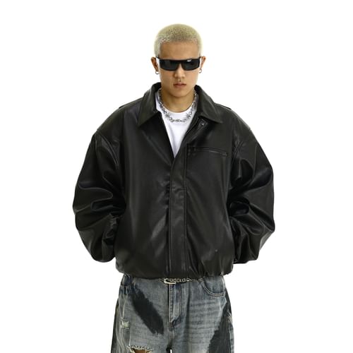Meiksip - Collared Faux Leather Zip-Up Jacket | YesStyle