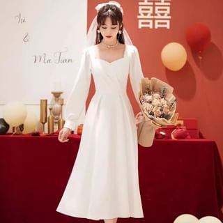 Daintonie Long-Sleeve V-Neck Plain Midi A-Line Evening Dress Sale
