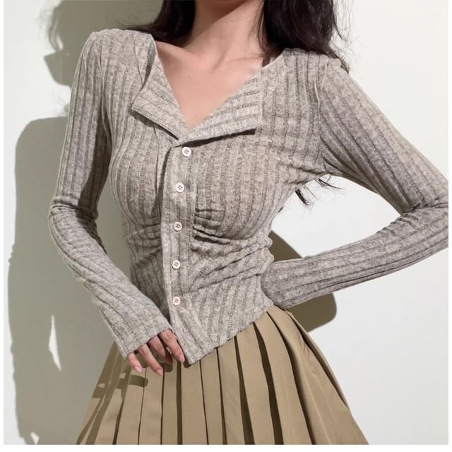 Sinora-V-Neck Plain Ribbed Knit Cropped Cardigan