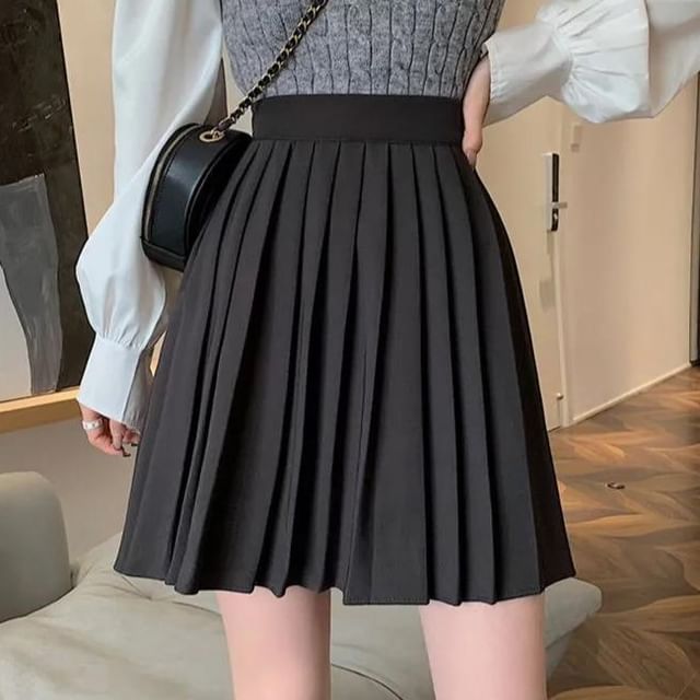 Sisyphi-High Waist Plain Pleated Mini A-Line Skirt