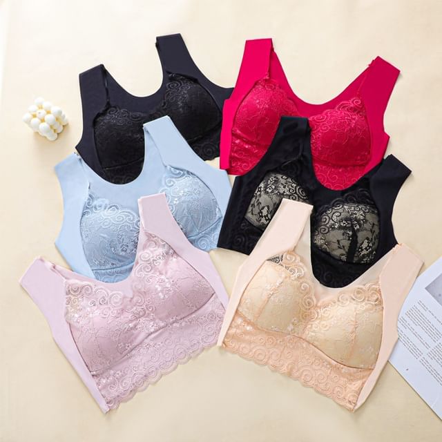 Faiar-Plain Lace Panel Wireless Bra