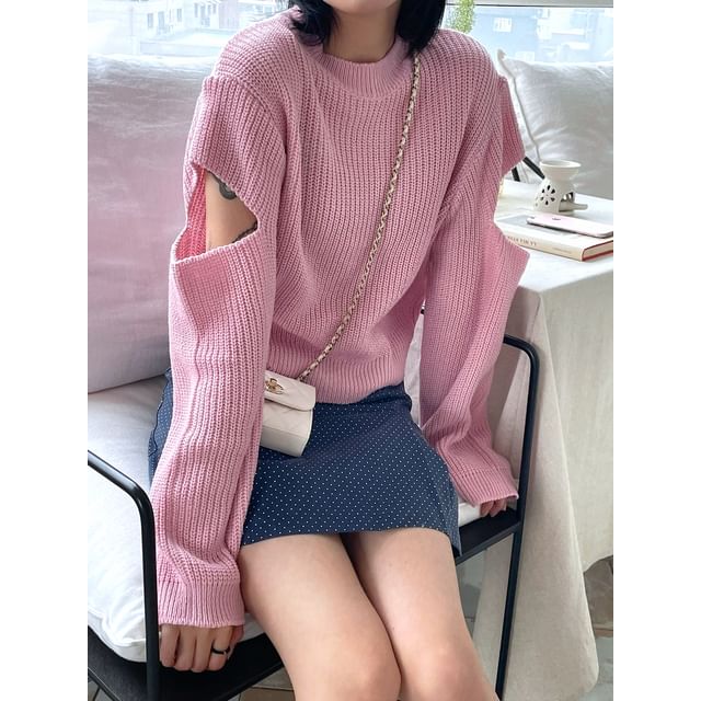SeoulPop-Plain Cold-Shoulder Sweater