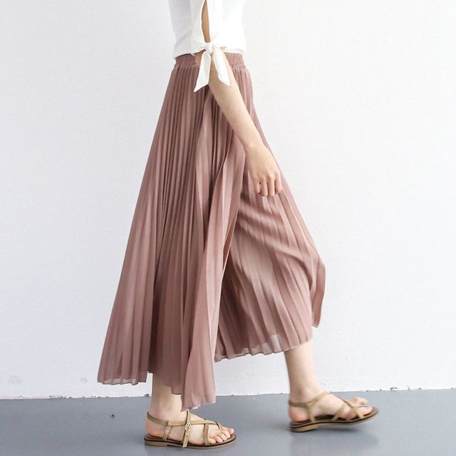 Lewwe-Cropped Wide Leg Chiffon Pleated Pants