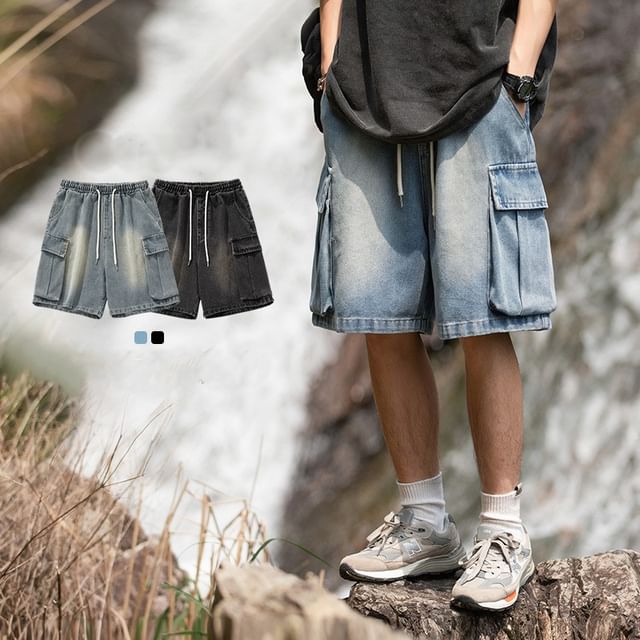 Really Point-Drawstring Waist Washed Denim Cargo Shorts