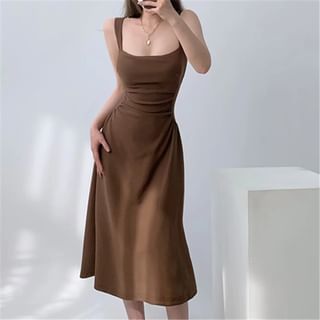 Asiris Spaghetti Strap Square-Neck Plain Ruched Midi Bodycon Dress Sale