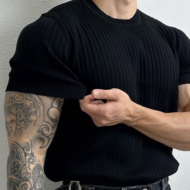 GRAYCIOUS-Short-Sleeve Round Neck Plain Ribbed Knit Top