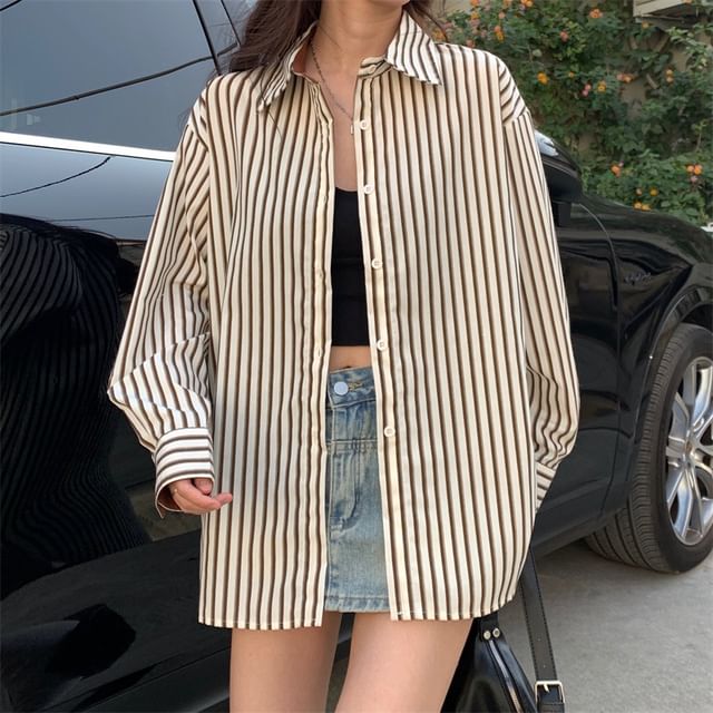 Sienne-Long Sleeve Collared Striped Button Down Shirt