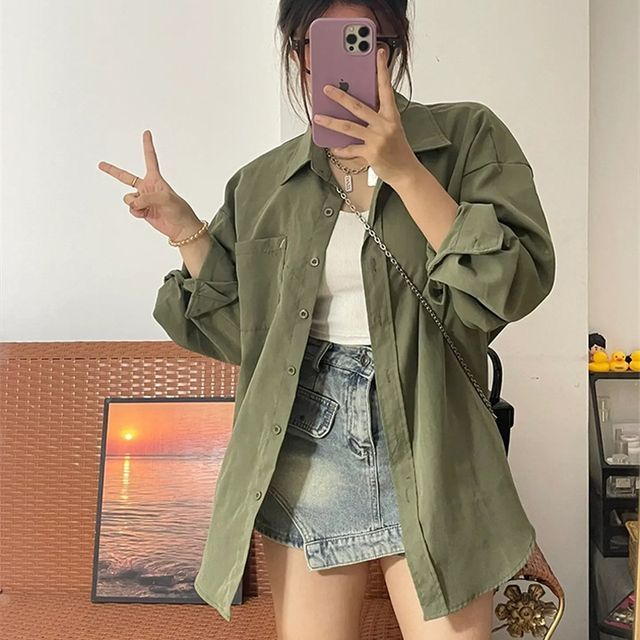 Everose-Long-Sleeve Collared Plain Shirt