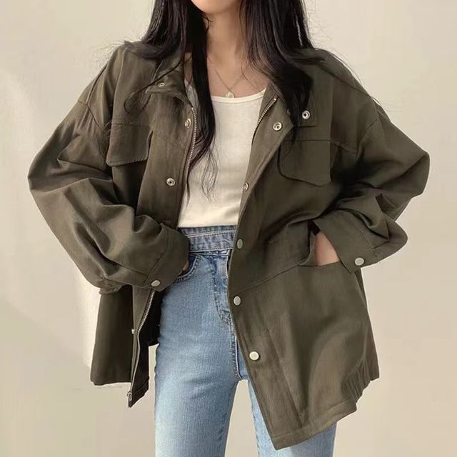 Everose-Stand Collar Plain ZipJacket