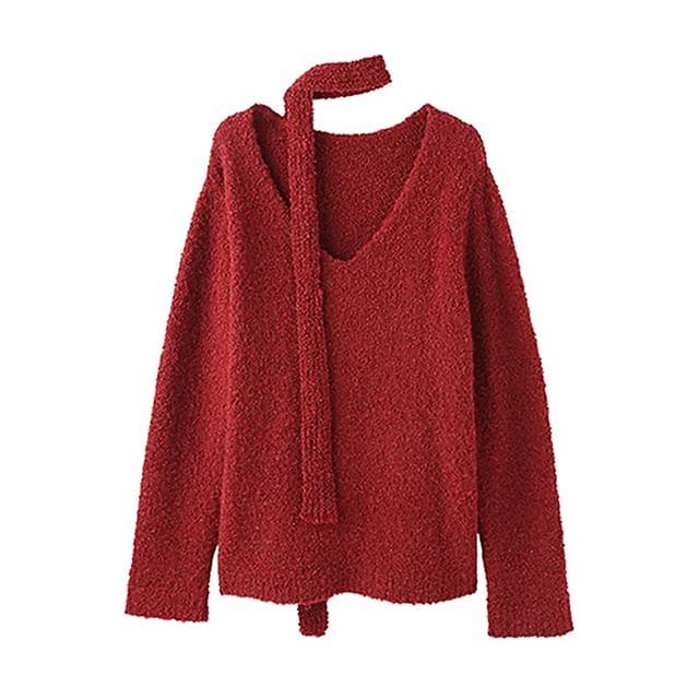 SPUCIKLEI-Set V-Neck Plain Sweater Skinny Scarf