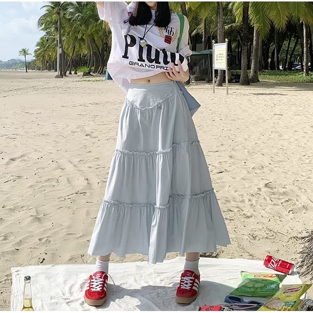 Denimot Mid Rise Plain Tiered Midi A-Line Skirt YesStyle