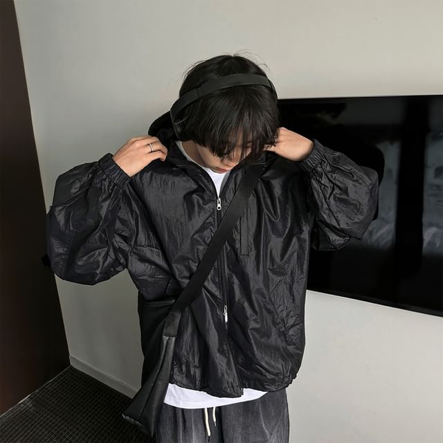 mopagrati-Drawstring Hooded Zip-Up Plain Jacket