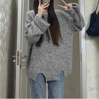 Hippona Round Neck Plain Front-Slit Oversized Sweater YesStyle
