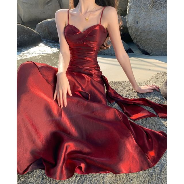 Morning Glory-Spaghetti Strap Plain Glitter A-Line Evening Gown