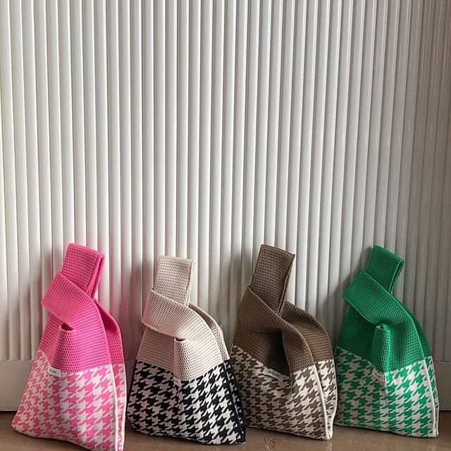 Frior-Houndstooth Panel Perforated Knit Tote Bag