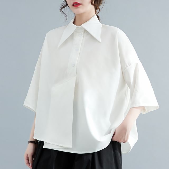 Lewwe-Elbow-Sleeve Plain Asymmetrical Shirt