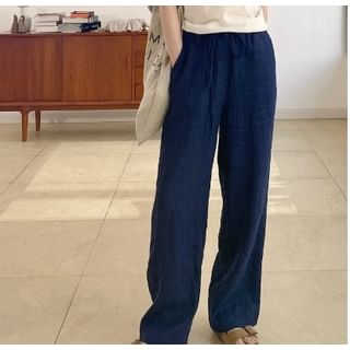 Isaaca-Drawstring Waist Linen Wide Leg Pants