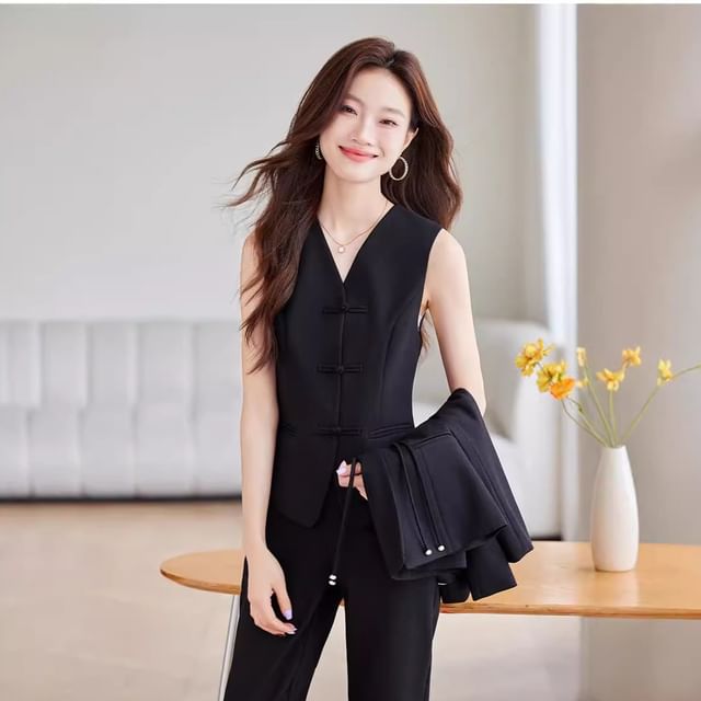 Princess Min-V-Neck Plain Frog Buttoned Vest High Rise Slacks Various Designs