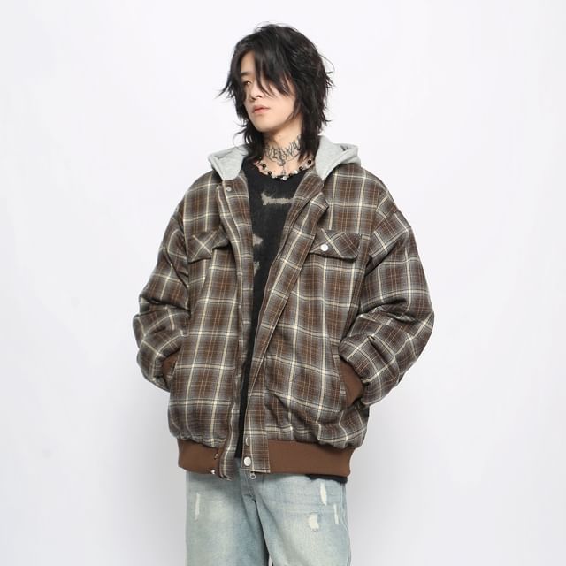 Derbundy-Plaid Hooded Zip Jacket