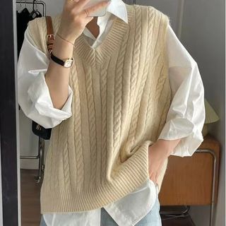 Shinsei - Plain Shirt / V-Neck Cable Knit Sweater Vest | YesStyle