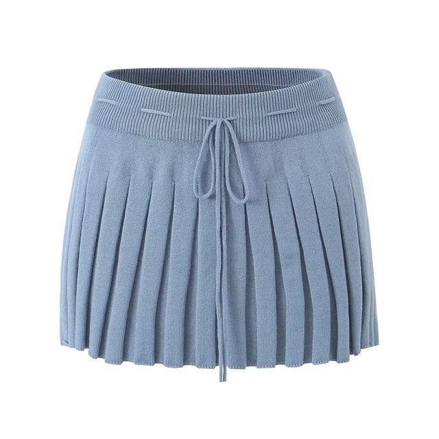 Asiris-Drawstring Waist Plain Pleated Knit Mini A-Line Skirt
