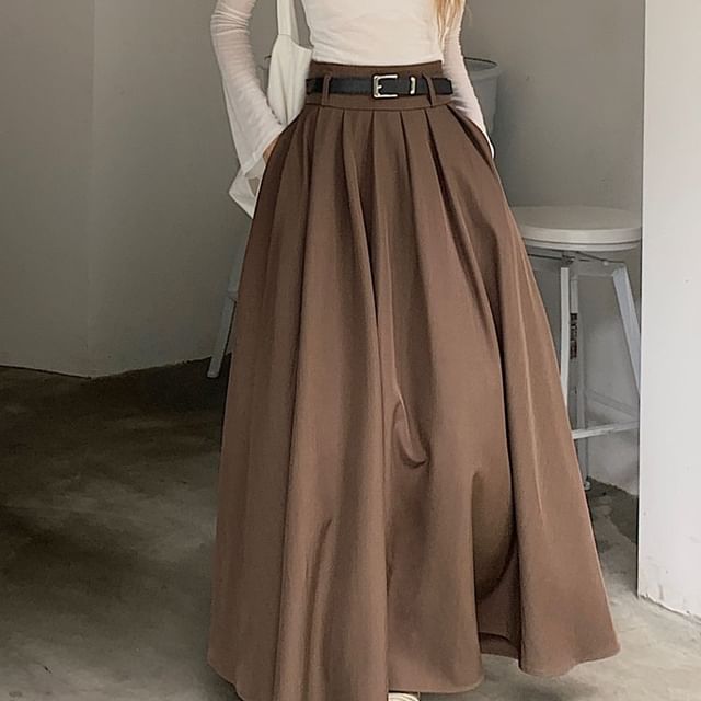 Gilmort-High Rise Plain Maxi Pleated Skirt