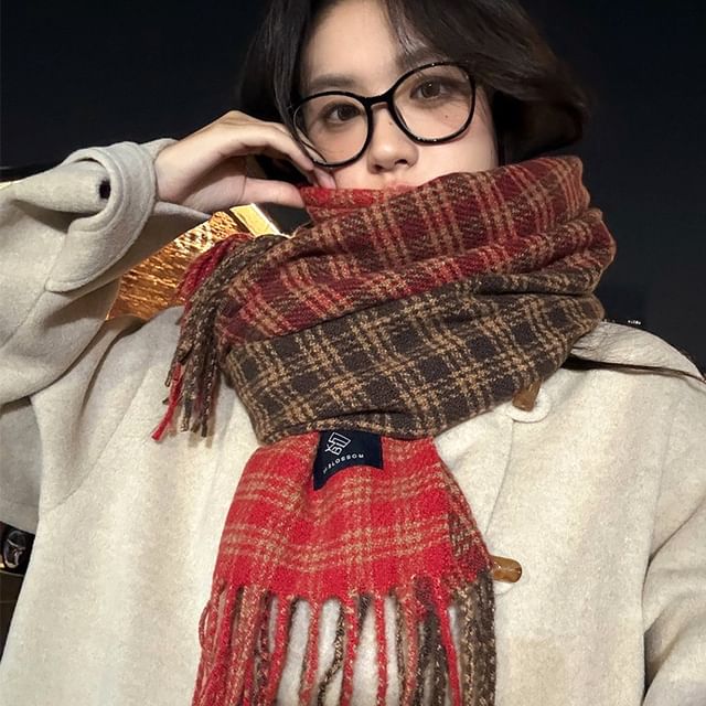 Frior-Plaid Fringed Trim Scarf