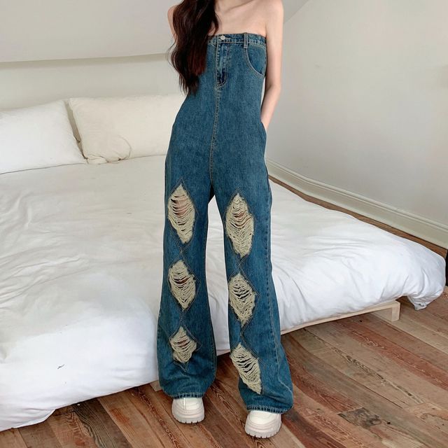 Daynum - Strapless Distressed Denim Wide Leg Jumpsuit | YesStyle